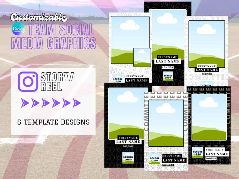 May include: A digital graphic design featuring six social media templates for team sports. The templates include space for photos, names, school logos, and the text "Committed". The design also includes the text "Customizable Team Social Media Graphics".