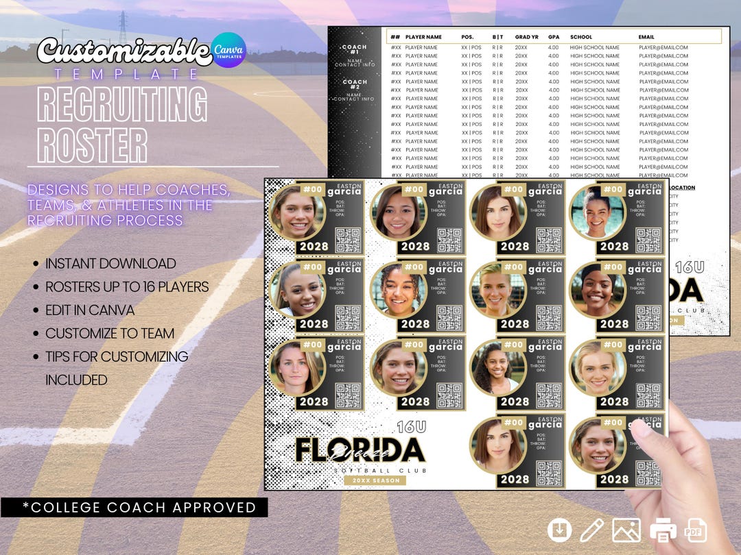 Customizable Team Roster for College Showcase & Travel Ball Tournaments ...