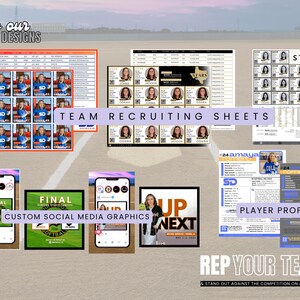 May include: A promotional image showcasing various sports-related graphic design templates. The image includes team recruiting sheets, player profiles, and custom social media graphics. The designs feature photos and text, with a focus on softball.