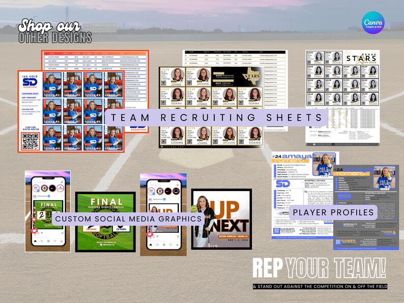 May include: A promotional image showcasing various sports-related graphic design templates. The image includes team recruiting sheets, player profiles, and custom social media graphics. The designs feature photos and text, with a focus on softball.