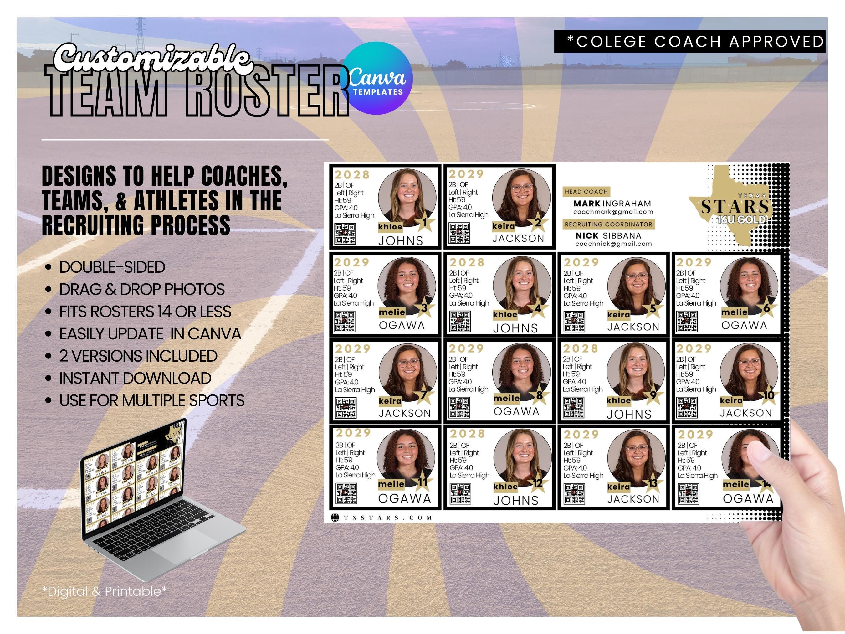Customizable Canva Team Sports Roster- College Recruiting Template- Club Baseball & Softball, Travel Ball Showcase Tournaments