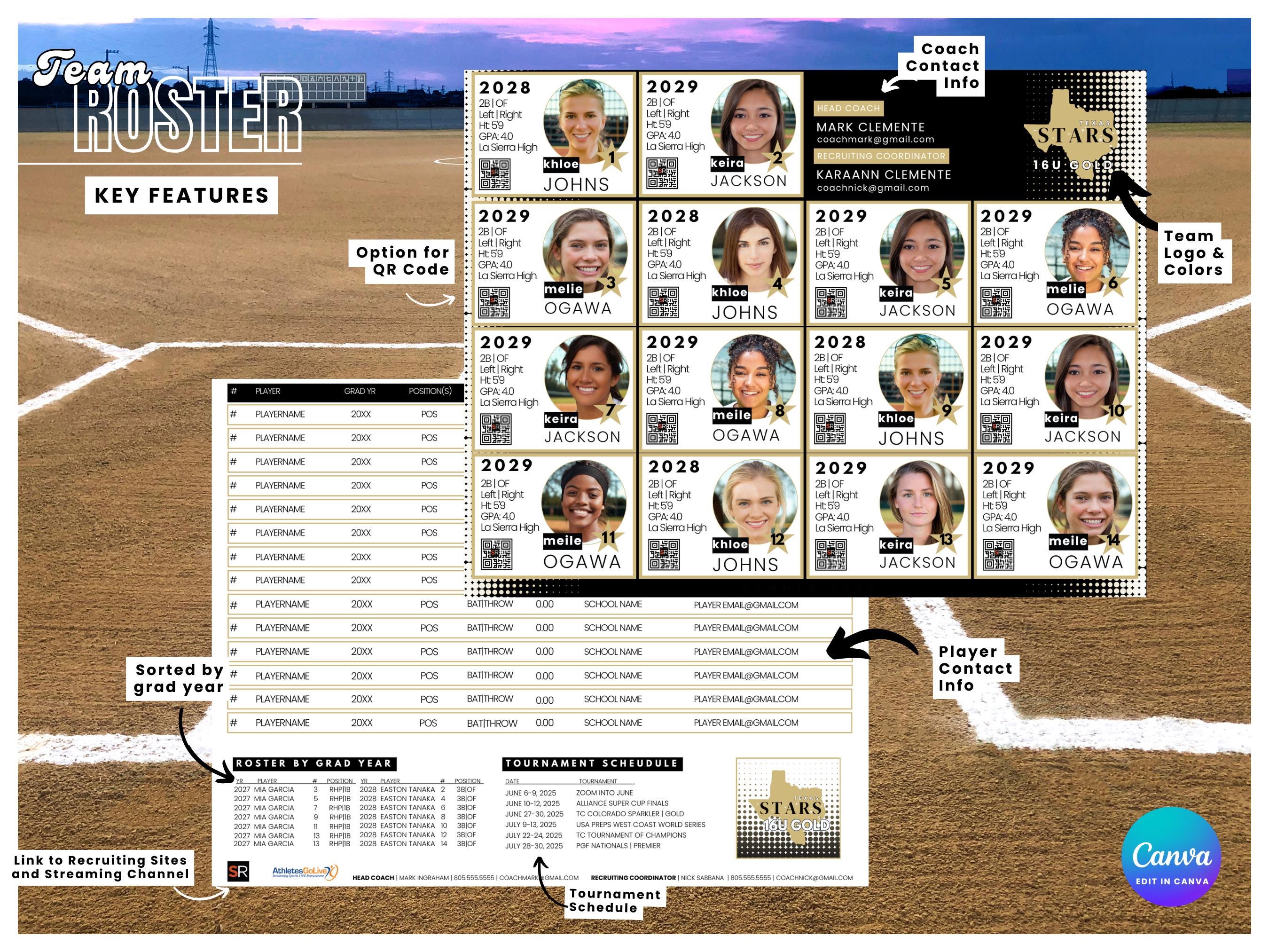 Customizable Team Sports Roster Template | College Recruiting, Baseball ...