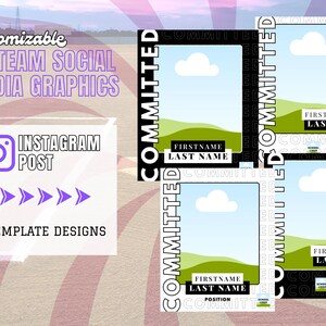 May include: Customizable team social media graphics for Instagram posts. The design includes four template designs with space for a photo, name, and position. The word "COMMITTED" is vertically displayed on the side of each template.
