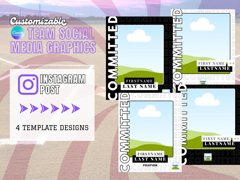 May include: Customizable team social media graphics for Instagram posts. The design includes four template designs with space for a photo, name, and position. The word "COMMITTED" is vertically displayed on the side of each template.