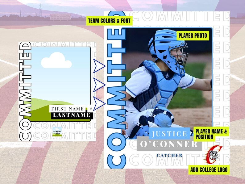 May include: A baseball recruiting template with a player photo, name, and position. The design features a light blue and white color scheme with the word "COMMITTED" in large letters. Includes space for a school logo and team colors.