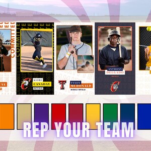 May include: A composite image featuring baseball and softball players with their names and positions. The phrase "REP YOUR TEAM" is displayed at the bottom, along with a color palette. The players are Mia Inouye, Kiori Canaday, Tyson McDonald, Anthony Delgado, and Callie Ford.