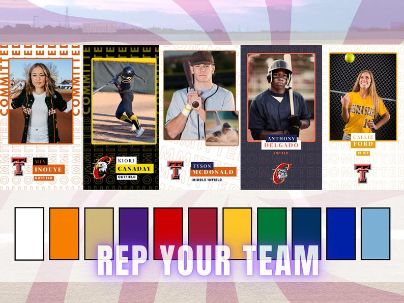 May include: A composite image featuring baseball and softball players with their names and positions. The phrase "REP YOUR TEAM" is displayed at the bottom, along with a color palette. The players are Mia Inouye, Kiori Canaday, Tyson McDonald, Anthony Delgado, and Callie Ford.
