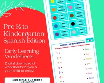 May include: Educational worksheet for early learning in Spanish. The worksheet includes a color chart with Spanish color names and a matching numbers exercise. The text on the worksheet says "Pre K to Kindergarten: Spanish Edition" and "Early Learning Worksheets."