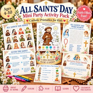 May include: An All Saints' Day mini party activity pack for kids featuring printable sheets including bingo, word search, saint matching, and a coloring page. Includes a paper crown with the text I AM CALLED TO BE A SAINT.