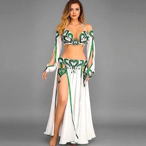Green White Belly Dance Costume: Sparkling Goddess Gown, Goddess Fantasy Armor Dress, Cosplay Sexy costume