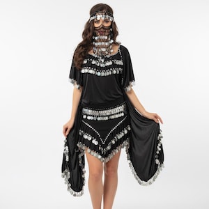 Vestido Baladi negro para danza del vientre: traje Saidi de 4 piezas (tallas S-XL)
