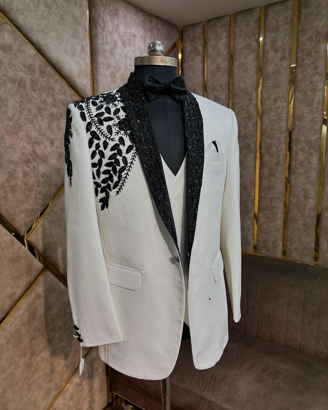 Elegant Black and White Formal Suit Wedding Hand Embroidery With Beads — free download