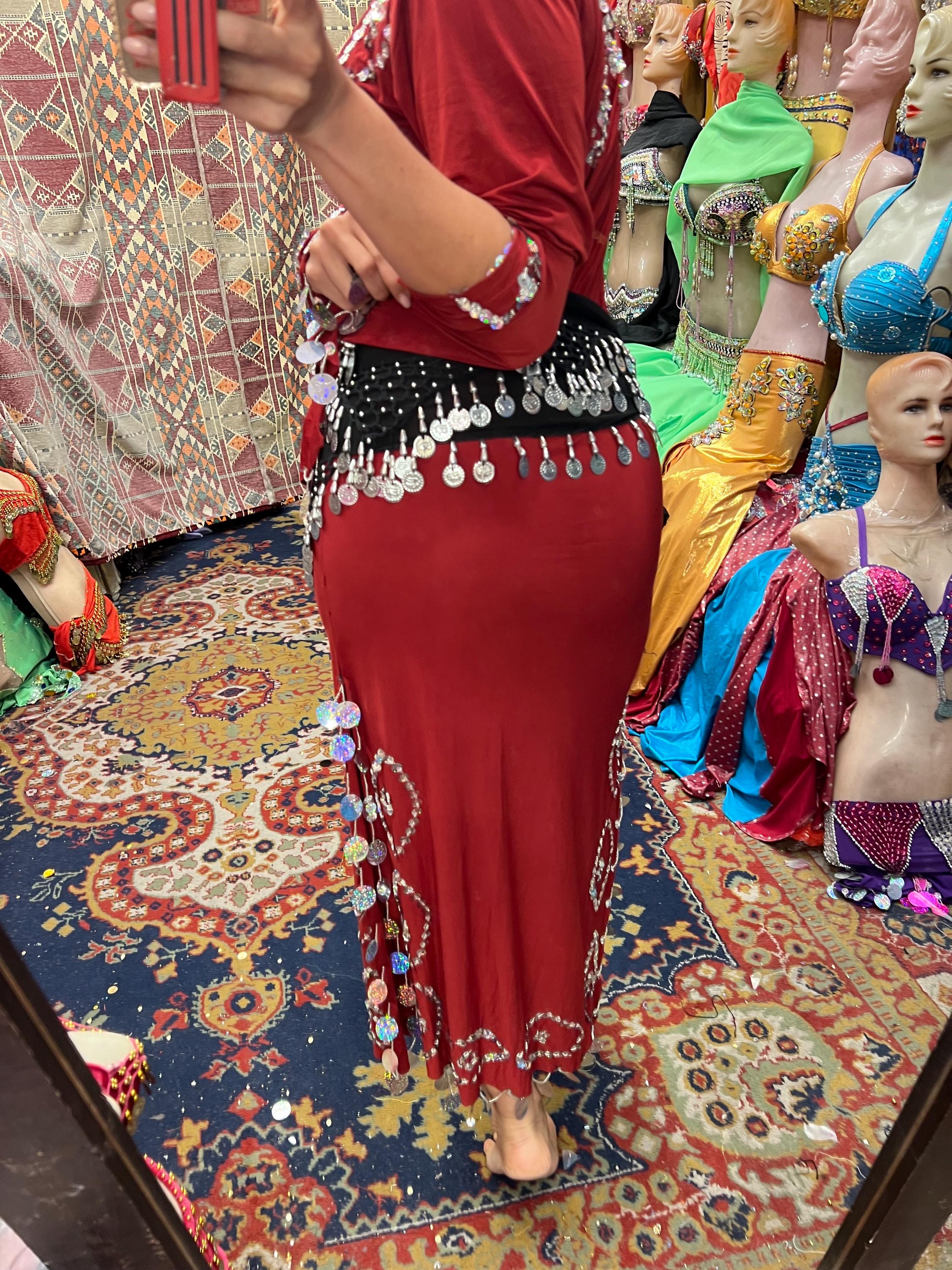 Red Embroidery Baladi Belly Dance Dress With Coins: Baladi Saidi