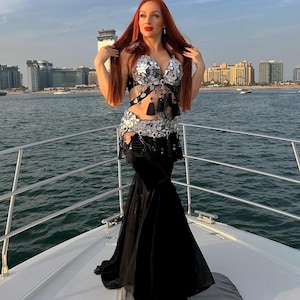Made to order black belly dance costume , crystals sparkling bra belt skirt set belly dance,professional belly dance performance costume