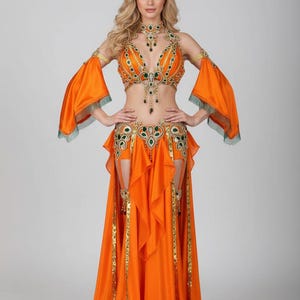 Traje de danza del vientre naranja hecho a medida: Vestido de actuación naranja con cristales, disfraz de cosplay
