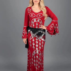 Red Embroidery Baladi Belly Dance Dress with Coins: Baladi Saidi Costume