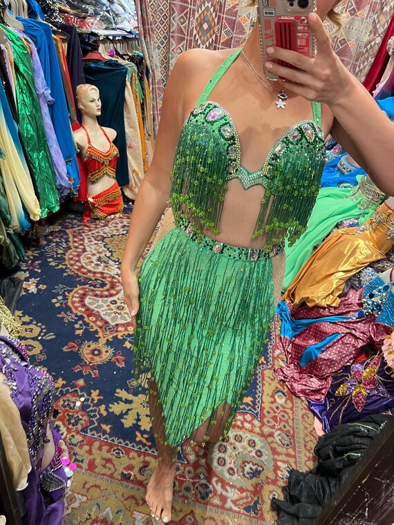 Green Crystal Tassels Belly Dance Dress: Rhinestone Festival Dress