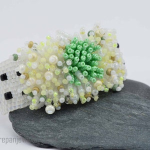 Wrist corsage beadwoven cuff bracelet, white and black cuff with fringe garden, handmade, beaded bracelet, unique, bold, summer jewelry image 1