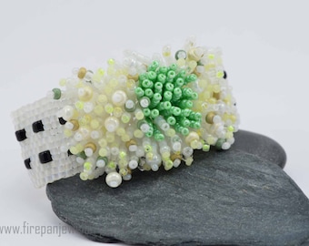 Wrist corsage beadwoven cuff bracelet, white and black cuff with fringe garden, handmade, beaded bracelet, unique, bold, summer jewelry