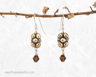 Lustrous elegance pearl earrings - bronze freshwater pearls, swarovski crystal, handmade, elegant, one of a kind, unique