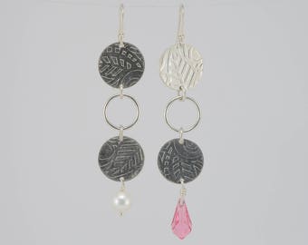 Long sterling silver earrings, patterned silver, freshwater pearl, pink Swarovski crystal, asymmetrical earrings, bold jewelry, gift for her