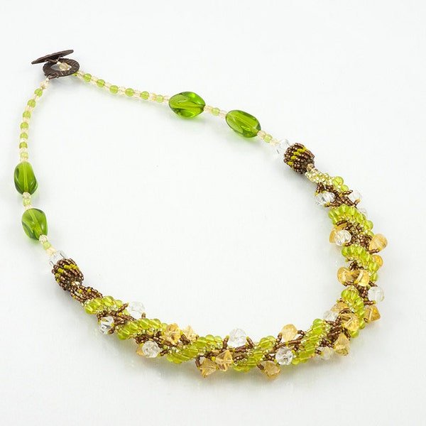 Fresh days beadwoven necklace, spring green, yellow, clear, brown glass beads, with beaded bead accents, statement necklace