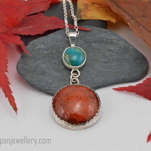 Chrysocolla enamel pendant sterling silver, gemstone necklace, orangy brown, blue-green, one of a kind, handmade, gift for her, unique image 1