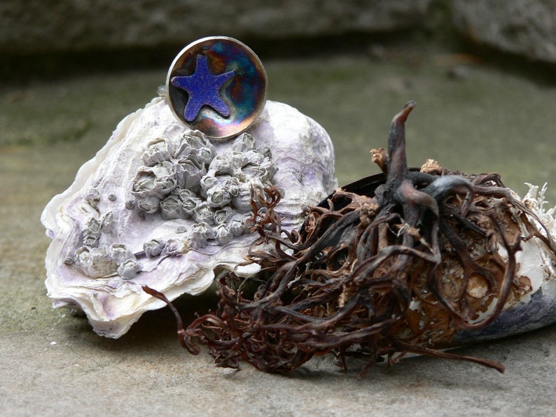 Tidal Pool ring, hand formed silver ring, starfish, patina, color, ocean jewelry, beach, one of a kind, unique, gift for her, sterling, blue image 1