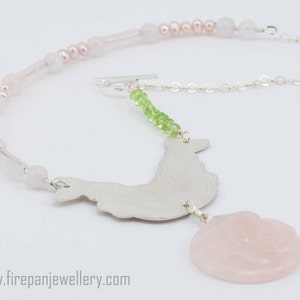 Spring Rose necklace - carved rose quartz, vine etched sterling silver, peridot, pink freshwater pearls, gemstone, pink, green, statement