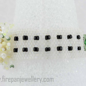 Wrist corsage beadwoven cuff bracelet, white and black cuff with fringe garden, handmade, beaded bracelet, unique, bold, summer jewelry image 5