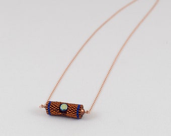 Copper + blue beaded bead necklace, rose gold fill chain, handmade, unique jewellery, peyote stitch, glass beads, one of a kind, dainty