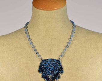 Montana summer necklace - blue beadwoven triangle necklace, handmade, one of a kind, glass beads, vintage silver beads, statement necklace