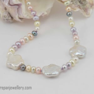 Multi color seed + flower pearl necklace, pastel, handmade, hand knotted, feminine, bride, mother of the bride, high quality, unique, silver