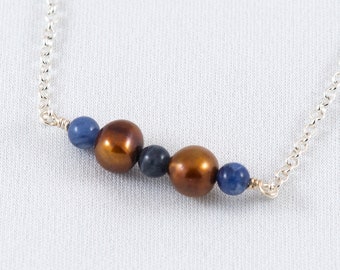 Bronze freshwater pearl + lapis bead necklace, freshwater pearls, gemstone necklace, layering necklace, gift for her, handmade, silver