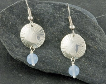 SALE - 20% off - Chased dome sterling silver earrings + blue chalcedony, serenity, gemstone, shiny, handmade, gift for her,gemstone earrings