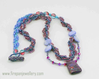 Let's get this Party started purple and blue beadwoven necklace, glass beads, Swarovski crystals, dyed turquoise, mother of pearl, gemstone