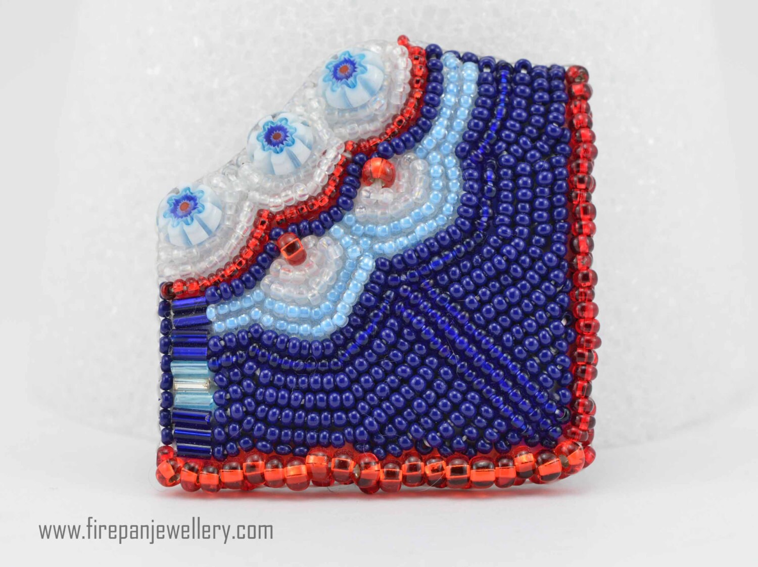Blue Deco Bead Embroidered Brooch, Art Deco, Glass Beads, Freeform, Handmade, One of a Kind, Red
