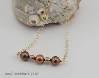 Bronze pearl bar necklace, freshwater pearls, 14K yellow gold fill, handmade, pearls, feminine, unique, dainty, gift for her, bridal