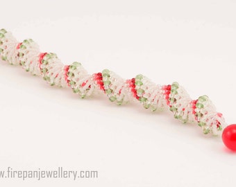 Venetian spiral bracelet - white, red, and green beadwoven handmade bracelet, glass beads, one of a kind, handmade, chunky, bold, christmas