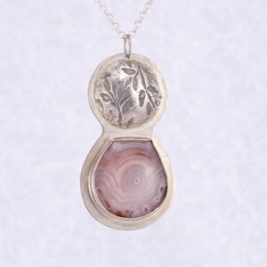 Petroglyph dreams pendant, fine silver, sterling silver, purple agate, pattern, leaves, handmade, one of a kind, unique, gemstone, texture