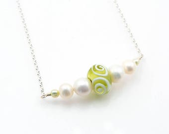 Spring pearl necklace, white freshwater pearl + lemon freshwater pearl, green glass bead with white swirls, feminine, modern pearls, for her