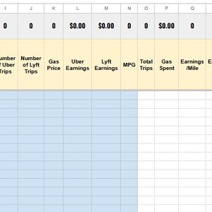 May include: A spreadsheet with a light blue background and yellow headers. The spreadsheet is for tracking driving earnings. The columns include: Dates & Notes, Day of Week, Start Time, End Time, Location, Starting Mileage, Ending Mileage, Online Time, Number of Other Trips, Number of Lyft Trips, Gas Price, Gas Earnings, Lyft Earnings, Total Trips, Gas Spent, Earnings Per Mile, Earnings Per Trip, Profit Per Mile, Profit Per Trip, Total Hourly Miles, Total Hourly Earnings, Total Earnings, Profit, 20% that should be transferred to a savings account for taxes, To Pocket After Gas and Taxes.