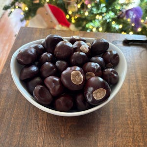 May include: A white bowl filled with dark brown chestnuts, some with light brown patches. The bowl sits on a wooden surface, with a blurred Christmas tree in the background.