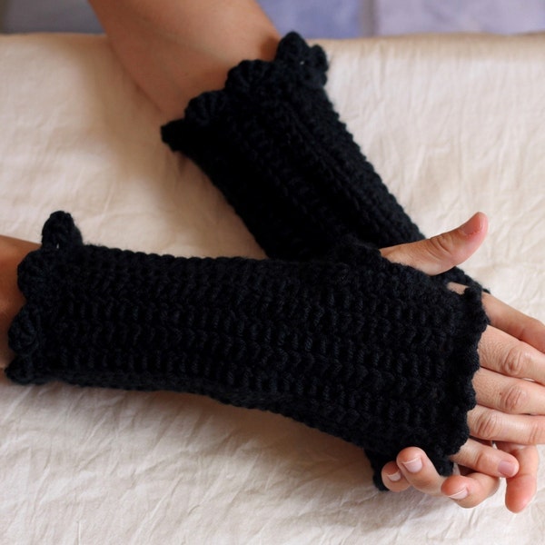 2-DAY SALE, Black Fingerless Gloves, Crochet Arm-Warmers, Warm Winter Wrist Warmers