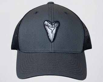 Megalodon Shark Tooth Trucker Cap | Embroidered Mesh Hat, Scuba diver gift for him/her, hand-drawn Original Designs, Adventure, Traveler