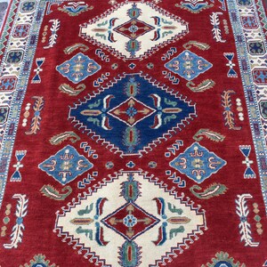 Afghan Hand Knotted Rug 5x6'7 ft Kazak Area Rug/ Geometric Tribal Rug/ Turkoman Wool Rug/ Traditional Red Rug/ Dining Room Rug/ Fine Rug 5x7