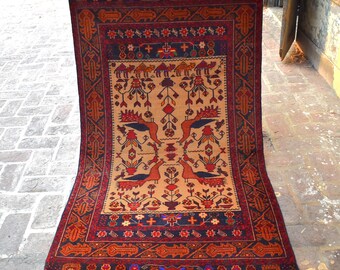 1960s Antique Baluchi Rug 3&#39;4x5&#39;6 Pictorial Handmade Area Rug/ Animal Design Rug/ Tribal Low Piles Rug/ Geometric Floral Rug/ Beige Blue Rug