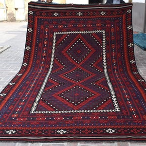 Antique Afghan Area Rug 8&#39;6x14 ft Large Handwoven Rug/ Geometric Tribal Rug/ Fine Turkmen Rug/ Oversized Wool Rug/ Nomadic Red Blue Rug 9x14
