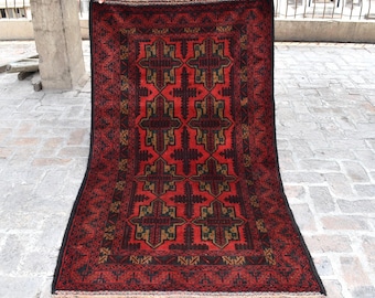 ヴィンテージ幾何学模様ラグ 4x6'5フィート、アフガニスタン手織り