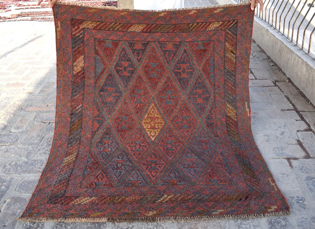 Antique Terracotta Mushwani Rug 4x4'7 Handmade Square Rug/ 1960s Afghan ...
